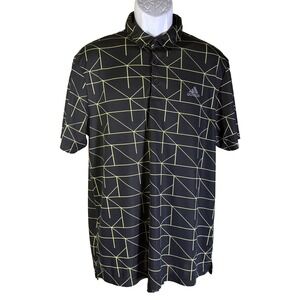 Adidas Polo Shirt Mens Large Black Lime Green Geometric Grid Golf Athletic Top